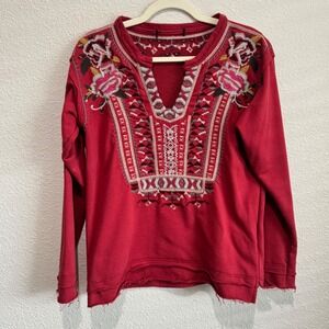 L&B Red Embroidered Floral V-Neck Sweatshirt Long Sleeve Medium Boho Cozy Casual
